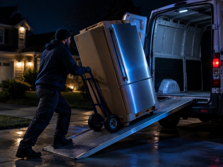 Courier moving a boxed refrigerator into a van