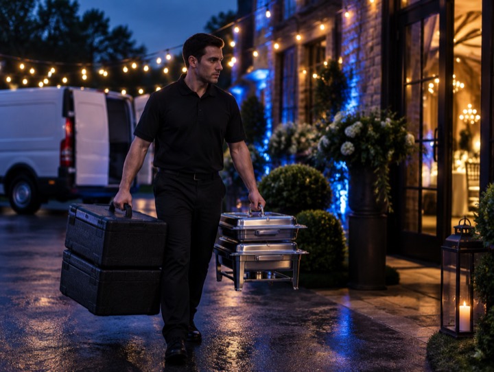 Courier carrying catering carriers to an evening event