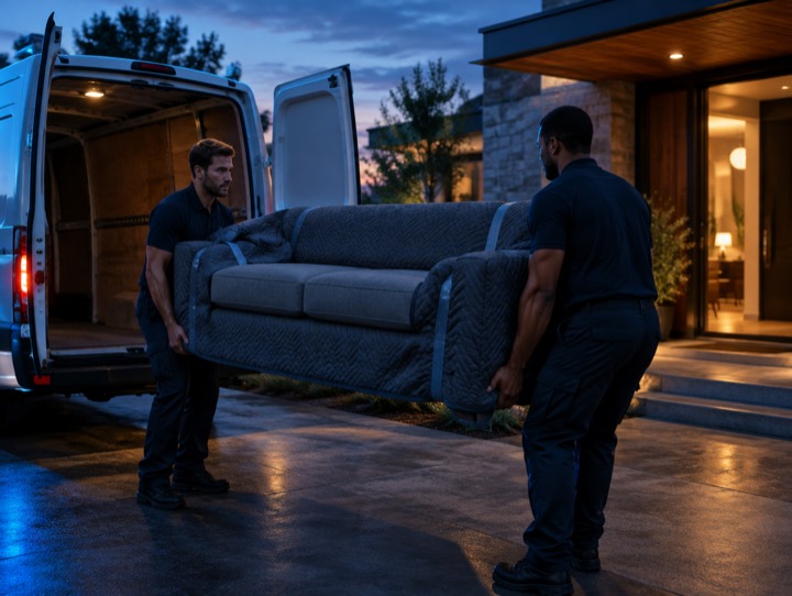 Two movers carrying a sofa from a cargo van