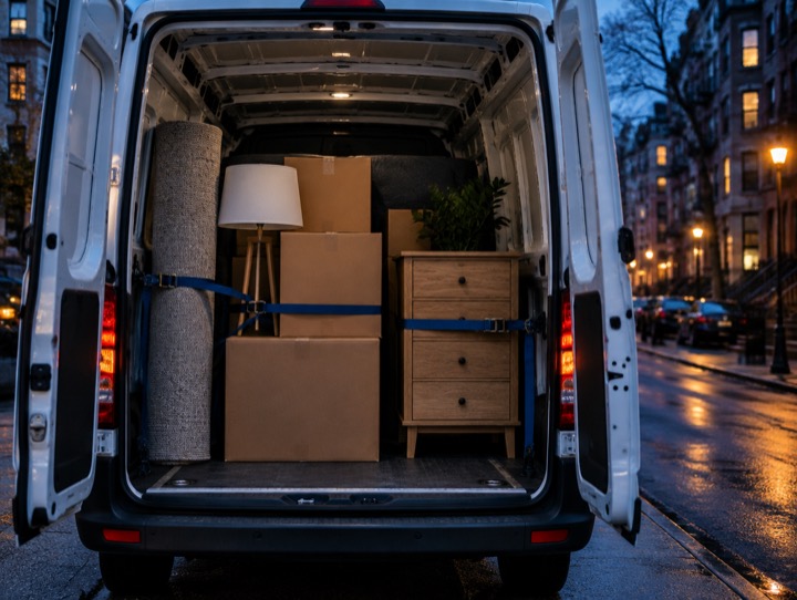 Cargo van loaded with boxes and small furniture