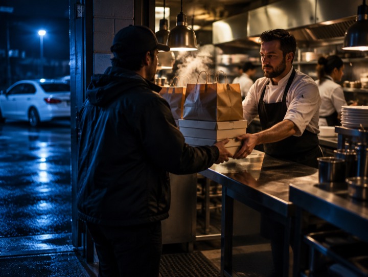 Courier picking up takeout bags from a restaurant kitchen